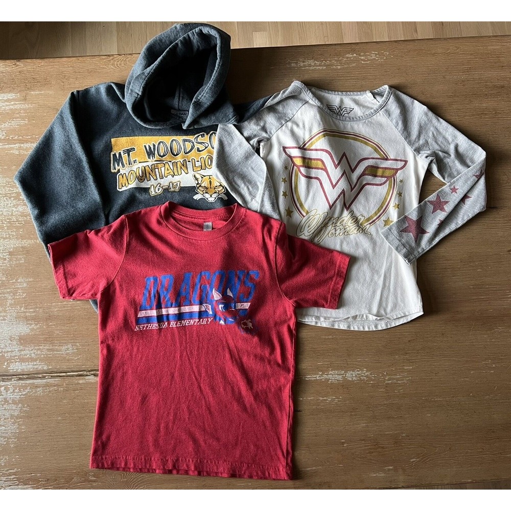 3pc Girls SS & LS T-Shirt Tee & Hoodie Bundle Wonder Woman School All Star Comic